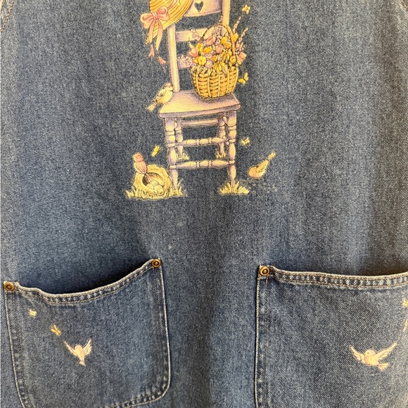 Vintage Denim Jean Midi Overall Chore Dress Women's LARGE Cottage Prairie Birds - Picture 6 of 10